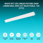 White LED linear fixture with specifications on a blue background